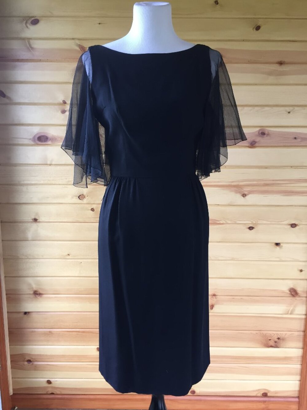 Vintage 60s Black Sheer Flutter Sleeve Cape LBD Sheath Cocktail Dress S/M